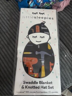 Little Sleepies Black Tool Print Swaddle Blanket & Knotted Hat Set